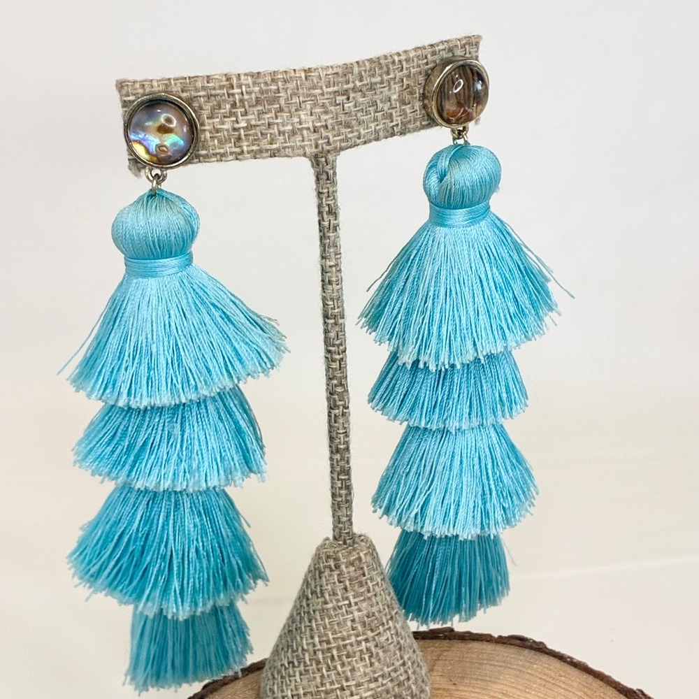 BaubleBar Tassel Earrings Tiered Fringe Turquoise Blue Abalone Shell Statement - Picture 9 of 14